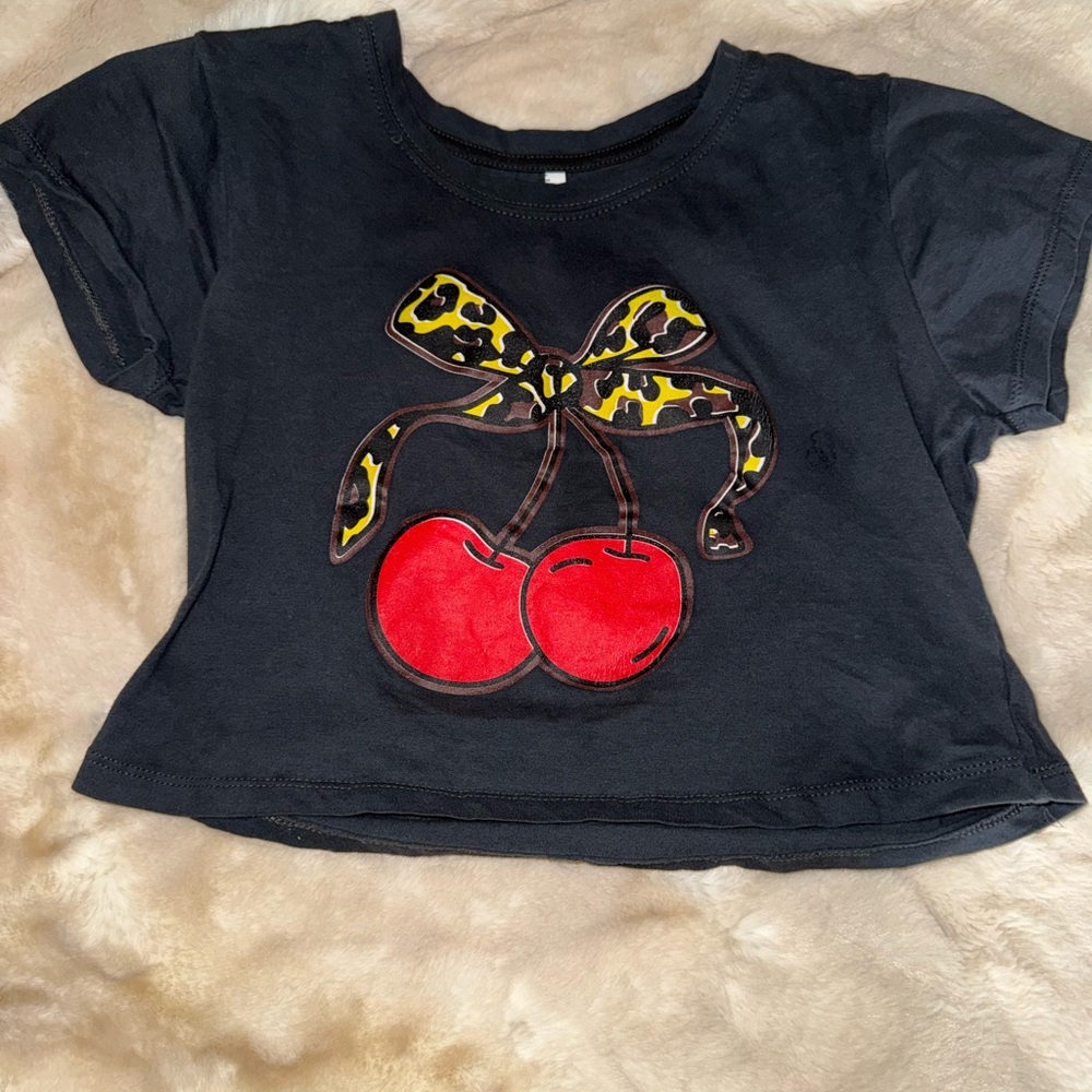 Chic Black Kids Tee with Cherry and Bow Design